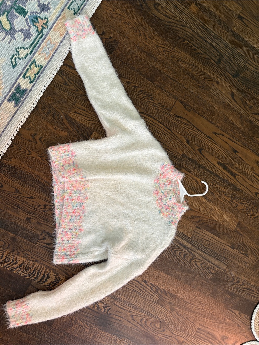 Free People Stardust Pullover Cream Fuzzy Crewneck Sweater with Pastel Trim